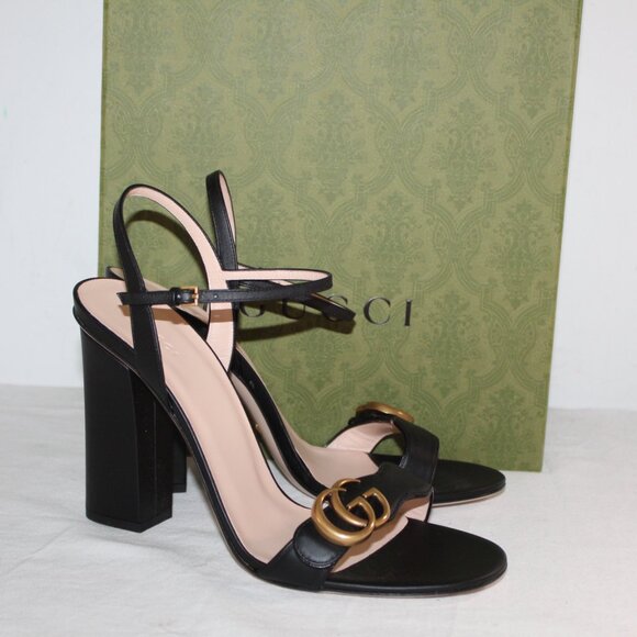 NWB Gucci GG Marmont Ankle Strap Chunk Heels Black Leather Sandals 42 453378 - Picture 1 of 7